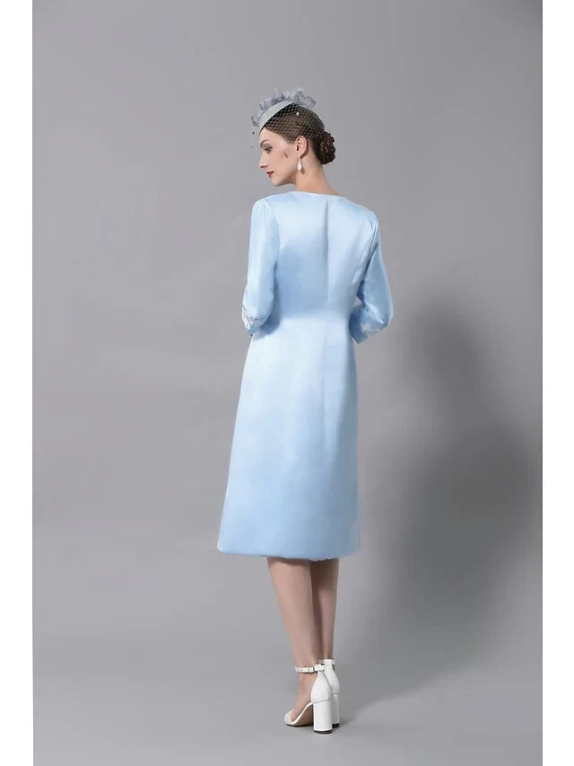 Chic Satin Two Piece Sheath V-neck Sleeveless Knee-Length Mother of the Bride Dress with 3/4 Sleeve Jacket