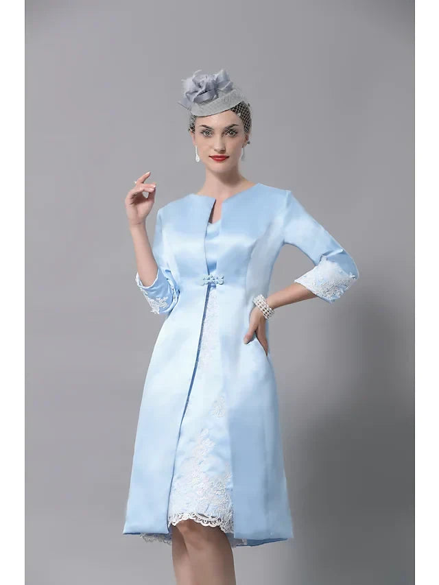 Chic Satin Two Piece Sheath V-neck Sleeveless Knee-Length Mother of the Bride Dress with 3/4 Sleeve Jacket