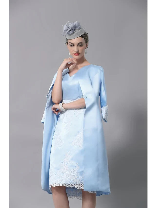 Chic Satin Two Piece Sheath V-neck Sleeveless Knee-Length Mother of the Bride Dress with 3/4 Sleeve Jacket