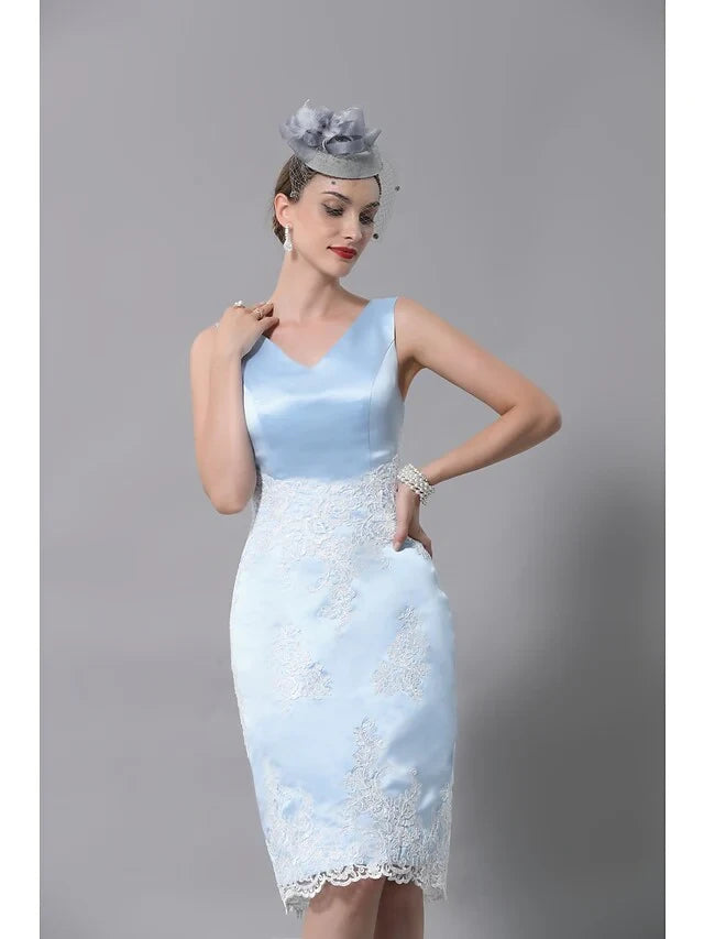 Chic Satin Two Piece Sheath V-neck Sleeveless Knee-Length Mother of the Bride Dress with 3/4 Sleeve Jacket