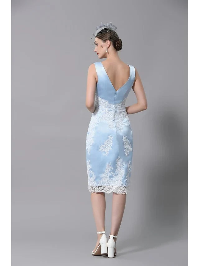 Chic Satin Two Piece Sheath V-neck Sleeveless Knee-Length Mother of the Bride Dress with 3/4 Sleeve Jacket
