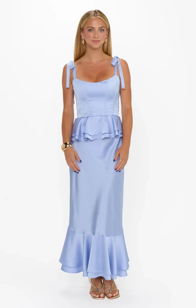 Chic Satin Two Piece Sweetheart Tie-Shoulder Shirred Back Floor-Length Bridesmaid Dresses