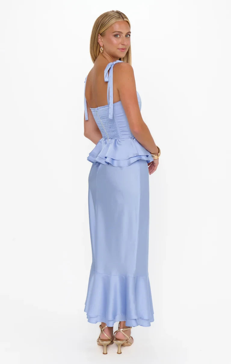 Chic Satin Two Piece Sweetheart Tie-Shoulder Shirred Back Floor-Length Bridesmaid Dresses