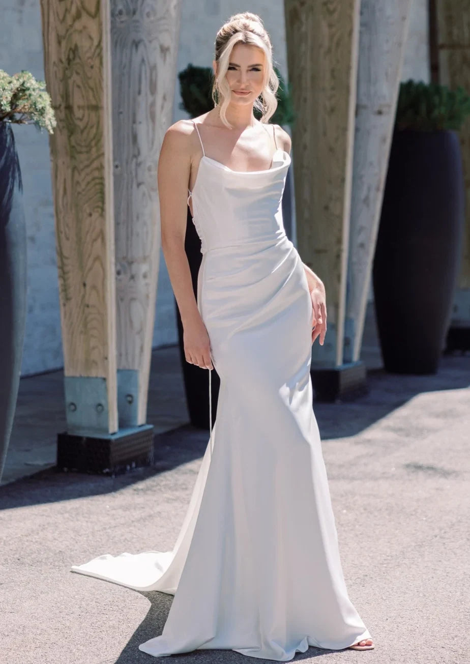 Chic Sexy Satin Mermaid Cowl Neck Spaghetti Strap Lace-Up Open Back Floor-Length Wedding Dresses