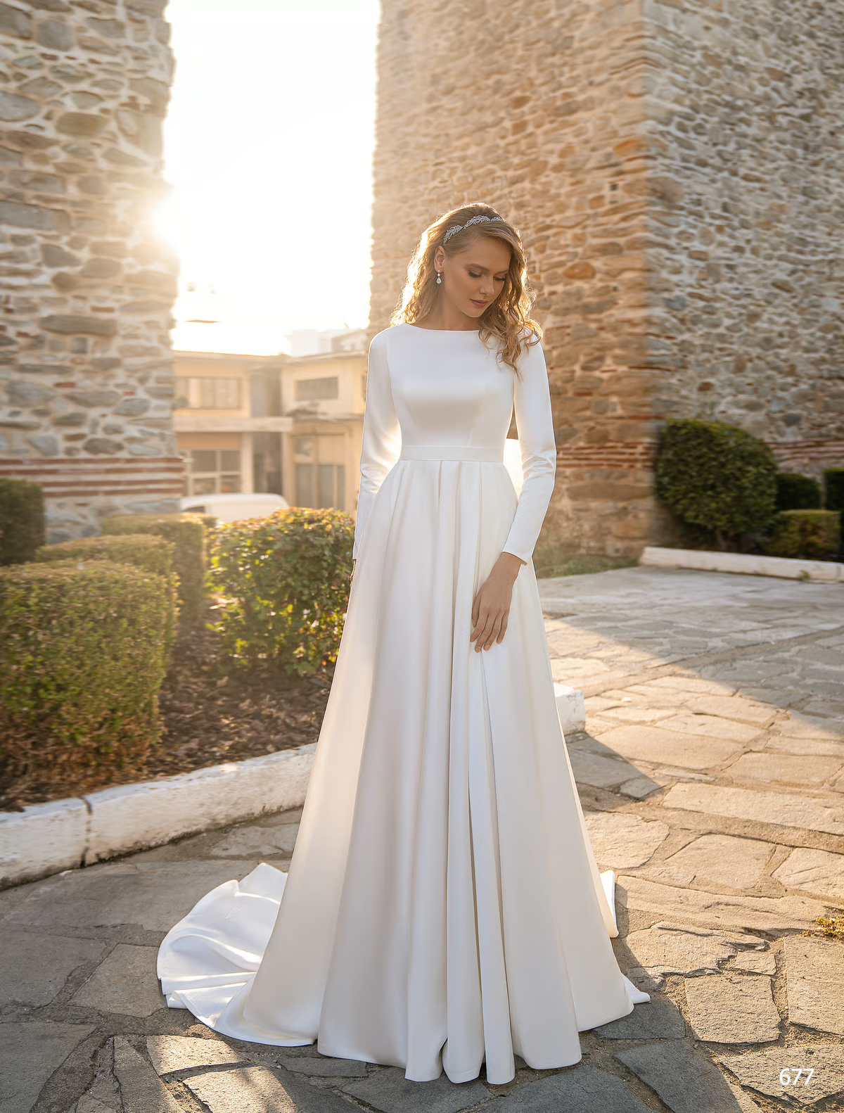 Chic Simple Satin A-Line Boat Neck Long Sleeves Bow Back Floor-Length Wedding Dresses