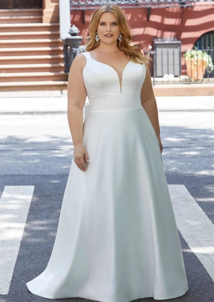 Chic Simple Satin A-Line Plunging V-Neck Sleeveless Bow Back Floor-Length Wedding Dresses