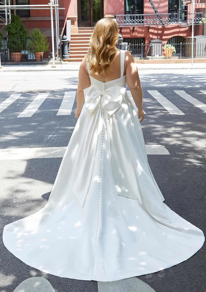 Chic Simple Satin A-Line Plunging V-Neck Sleeveless Bow Back Floor-Length Wedding Dresses