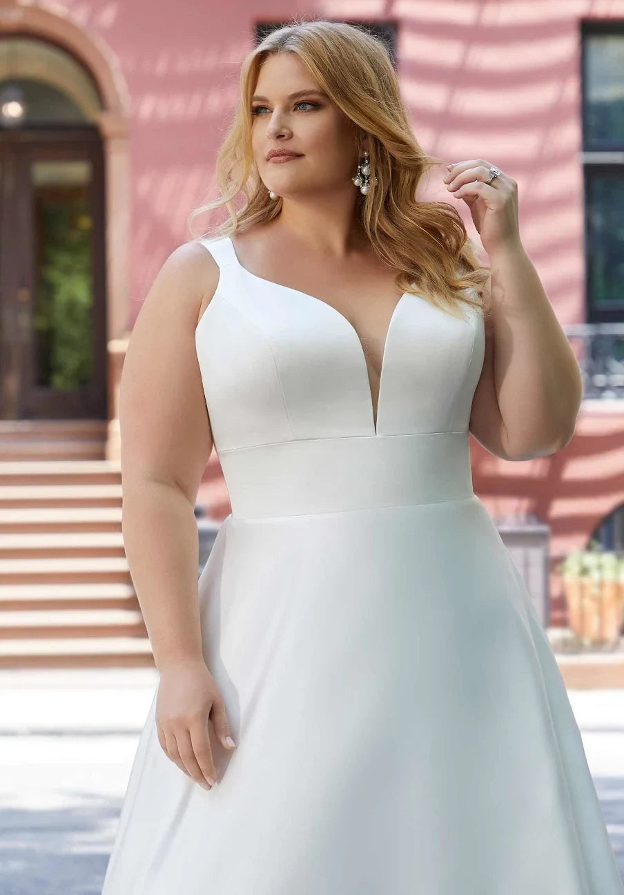 Chic Simple Satin A-Line Plunging V-Neck Sleeveless Bow Back Floor-Length Wedding Dresses