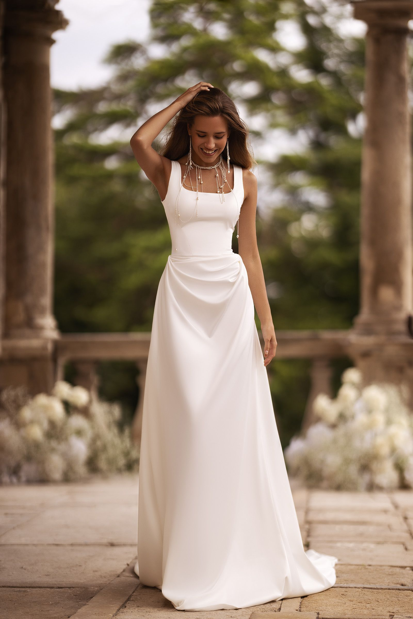 Chic Simple Satin A-Line Square Neck Sleeveless High Back Floor Length Wedding Dresses