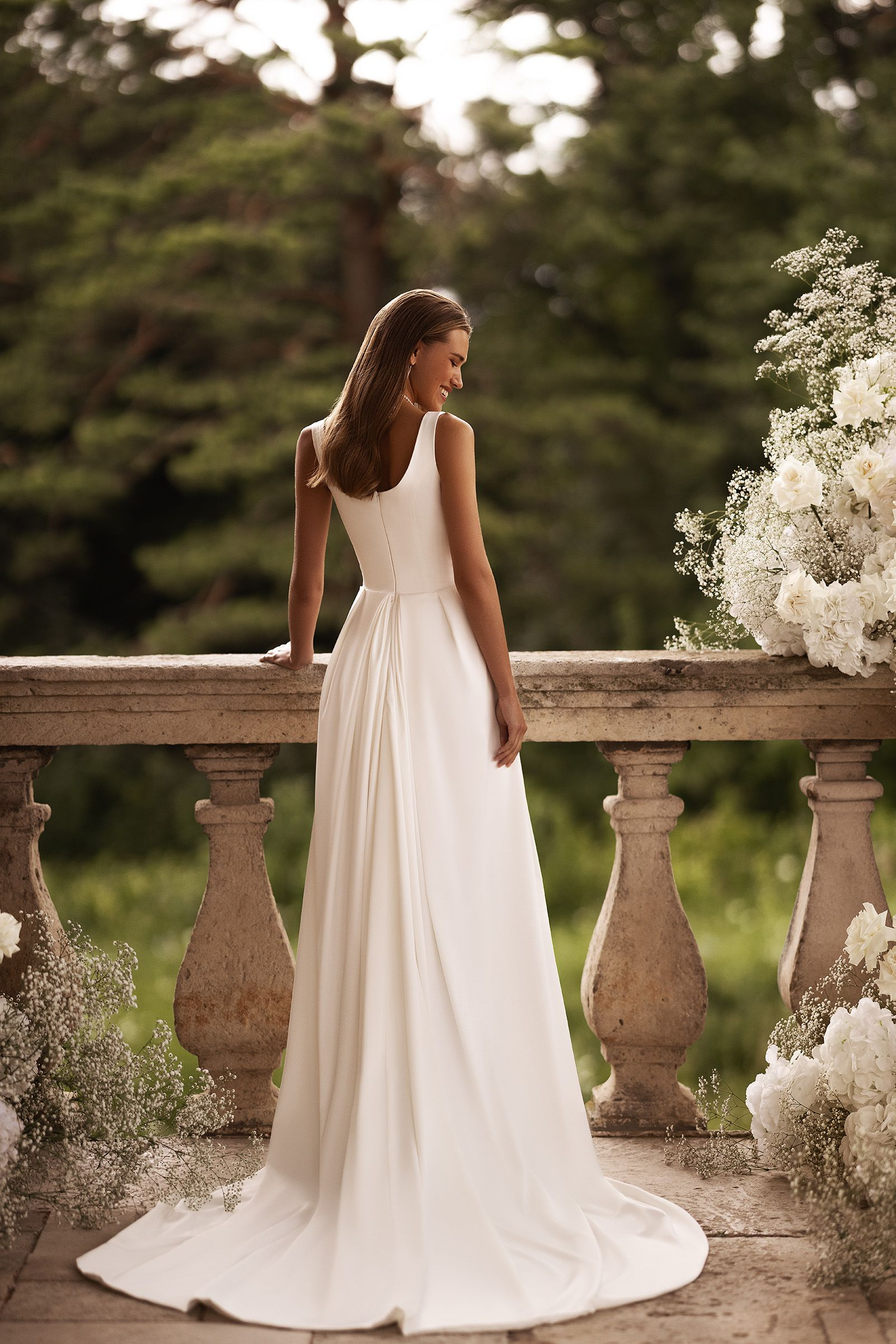 Chic Simple Satin A-Line Square Neck Sleeveless High Back Floor Length Wedding Dresses
