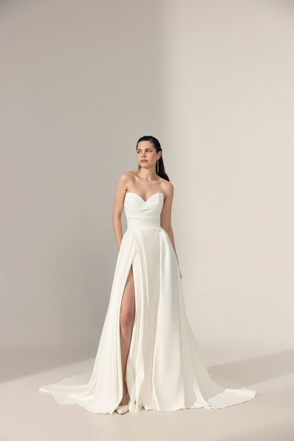 Chic Simple Satin A-Line Sweetheart Strapless Open Back Floor-Length Slit Wedding Dresses