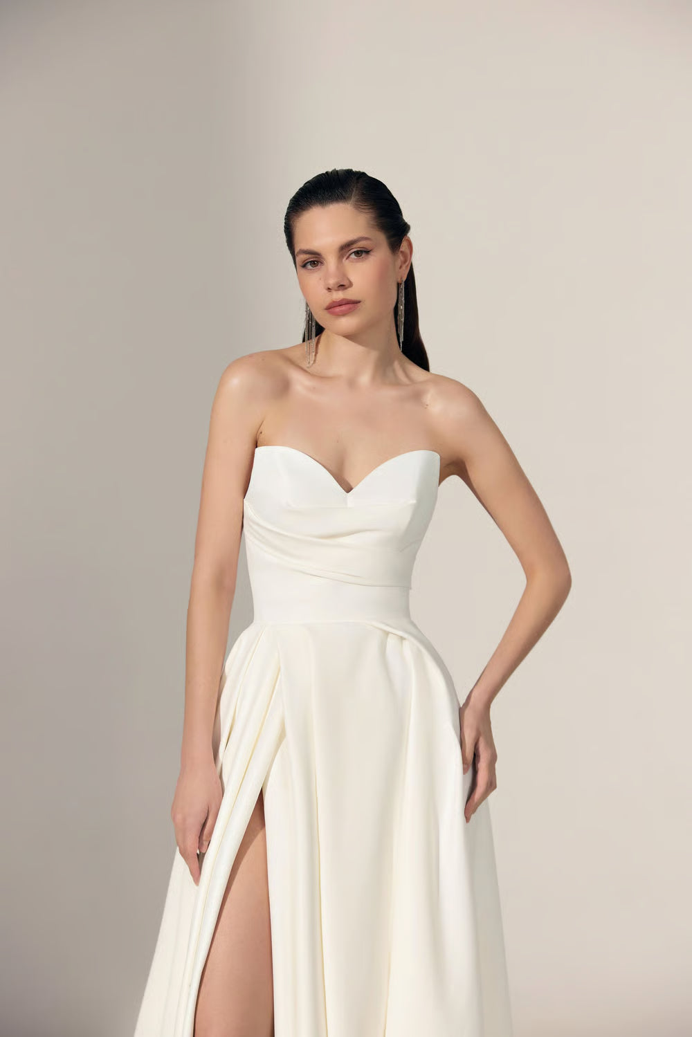 Chic Simple Satin A-Line Sweetheart Strapless Open Back Floor-Length Slit Wedding Dresses