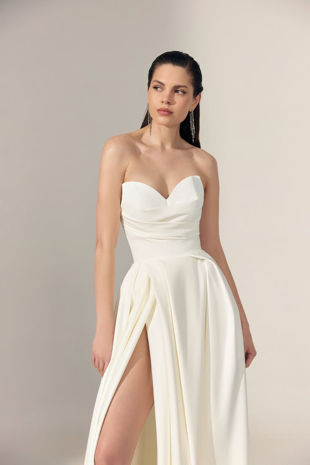 Chic Simple Satin A-Line Sweetheart Strapless Open Back Floor-Length Slit Wedding Dresses