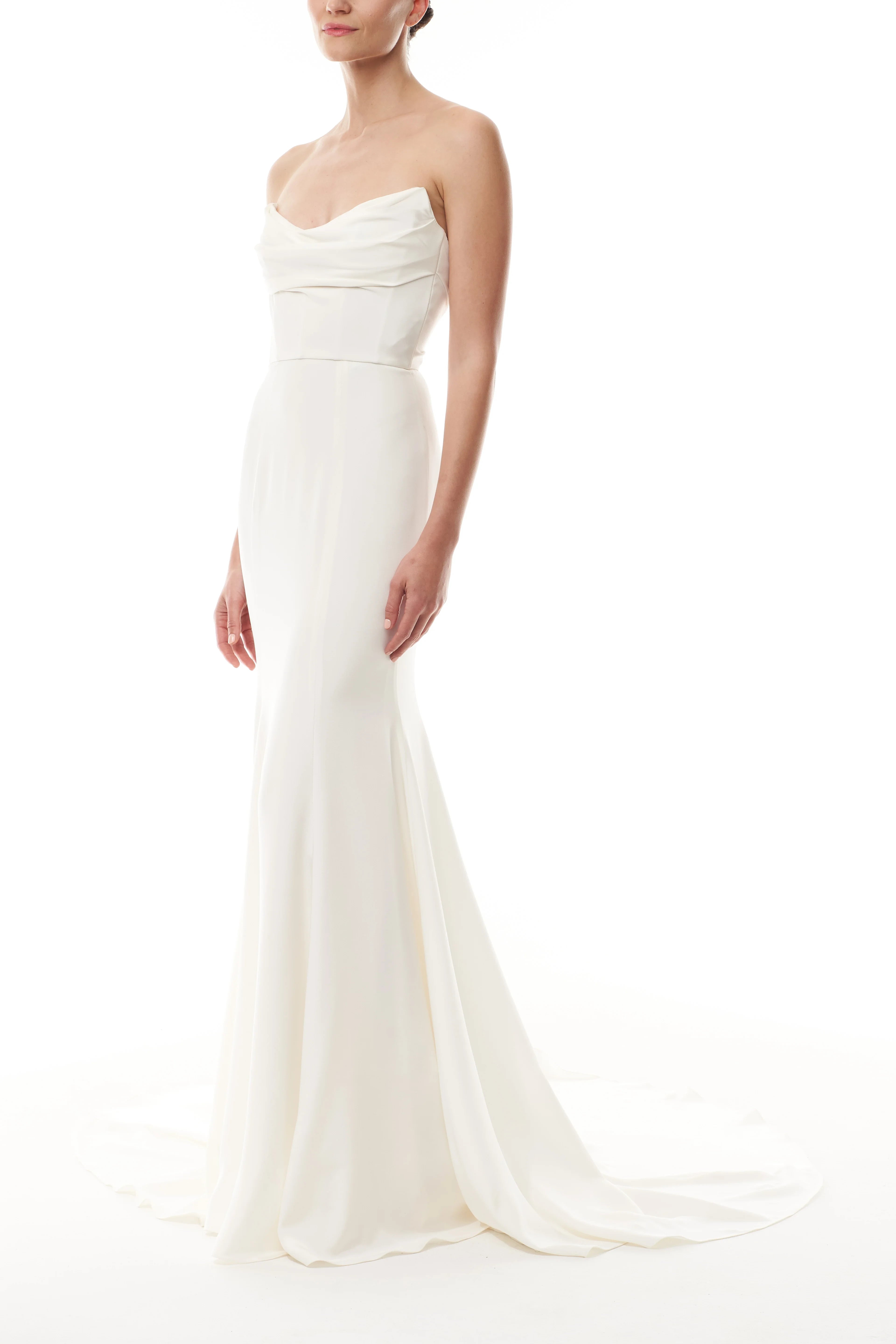 Chic Simple Satin Mermaid Draped Strapless Sleeveless Zipper Back Floor-Length with Train Wedding Dresses