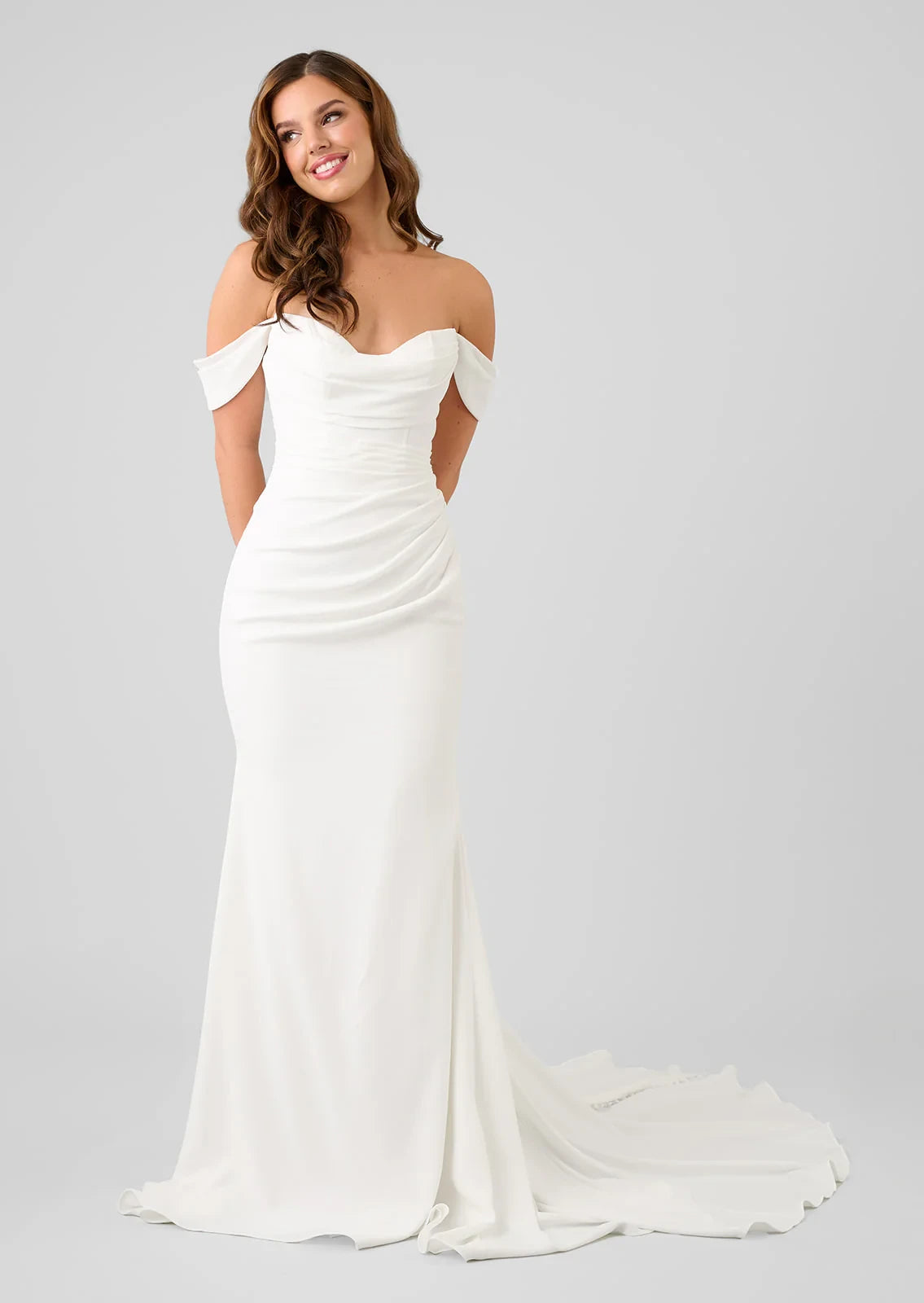 Chic Simple Satin Mermaid Off-Shoulder Sweetheart Off-Shoulder Sleeves Button Back Train Floor Length Wedding Dresses