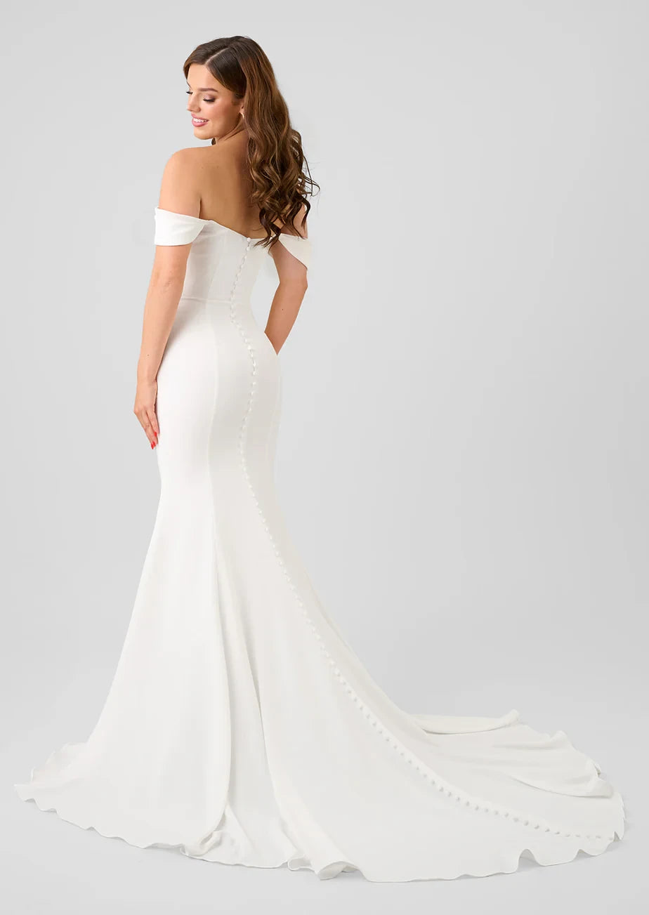 Chic Simple Satin Mermaid Off-Shoulder Sweetheart Off-Shoulder Sleeves Button Back Train Floor Length Wedding Dresses