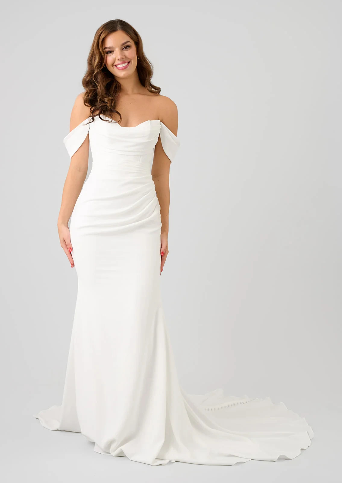 Chic Simple Satin Mermaid Off-Shoulder Sweetheart Off-Shoulder Sleeves Button Back Train Floor Length Wedding Dresses