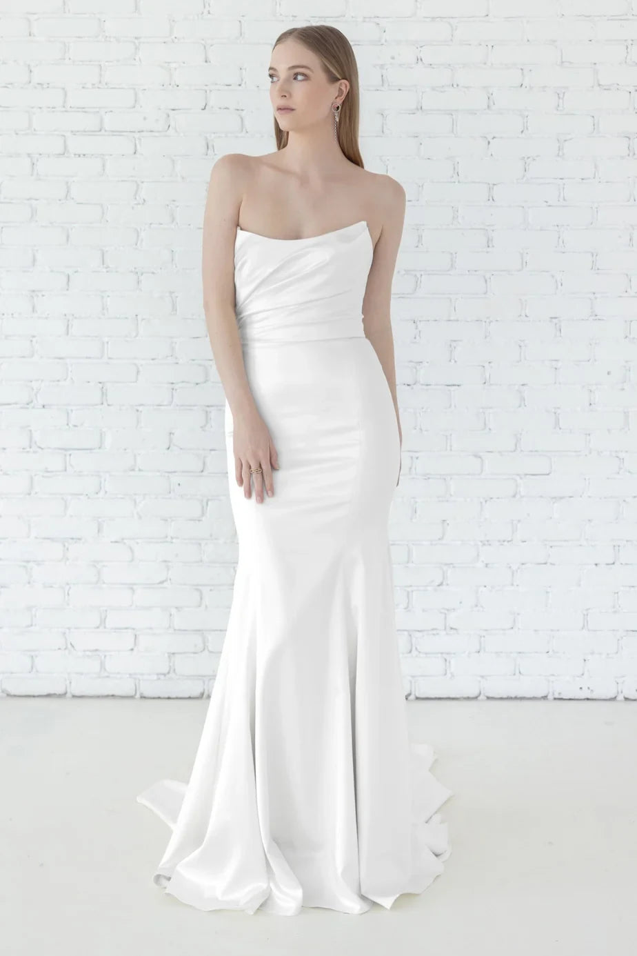 Chic Simple Satin Mermaid Strapless Cowl Neck Sleeveless Low Back Button Floor-Length Wedding Dresses