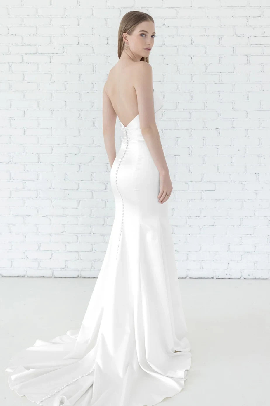 Chic Simple Satin Mermaid Strapless Cowl Neck Sleeveless Low Back Button Floor-Length Wedding Dresses