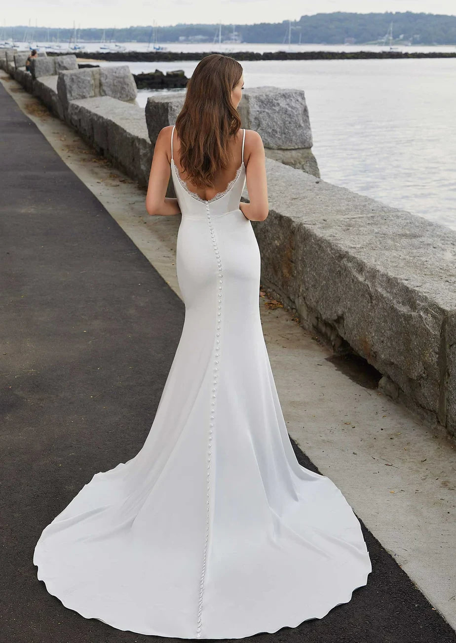 Chic Simple Satin Sheath Cowl Neck Spaghetti Strap Low V-Back Floor Length Wedding Dresses with Slit