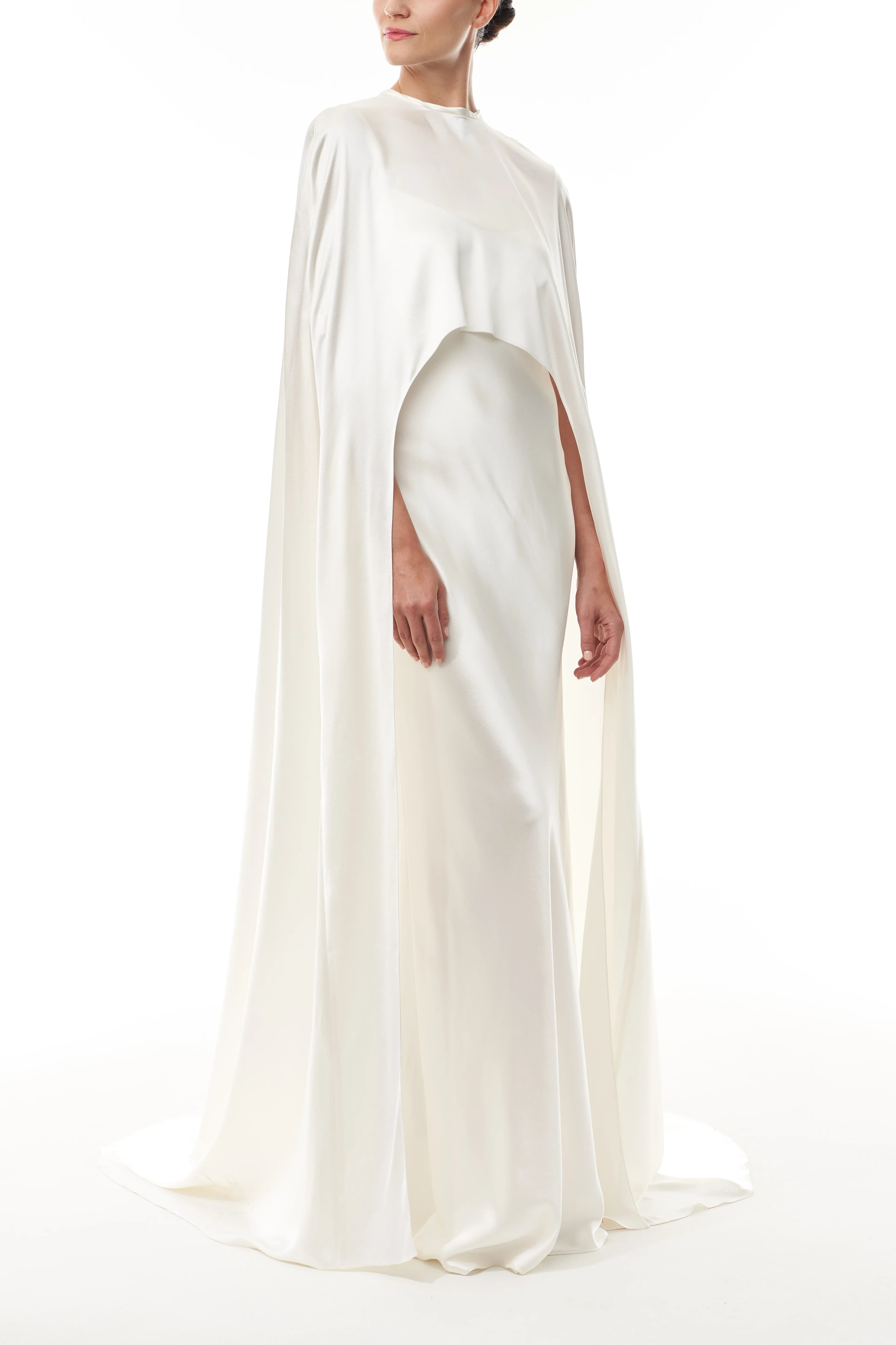 Chic Simple Satin Sheath High Neck Cape Tie Back Floor Length Wedding Dresses