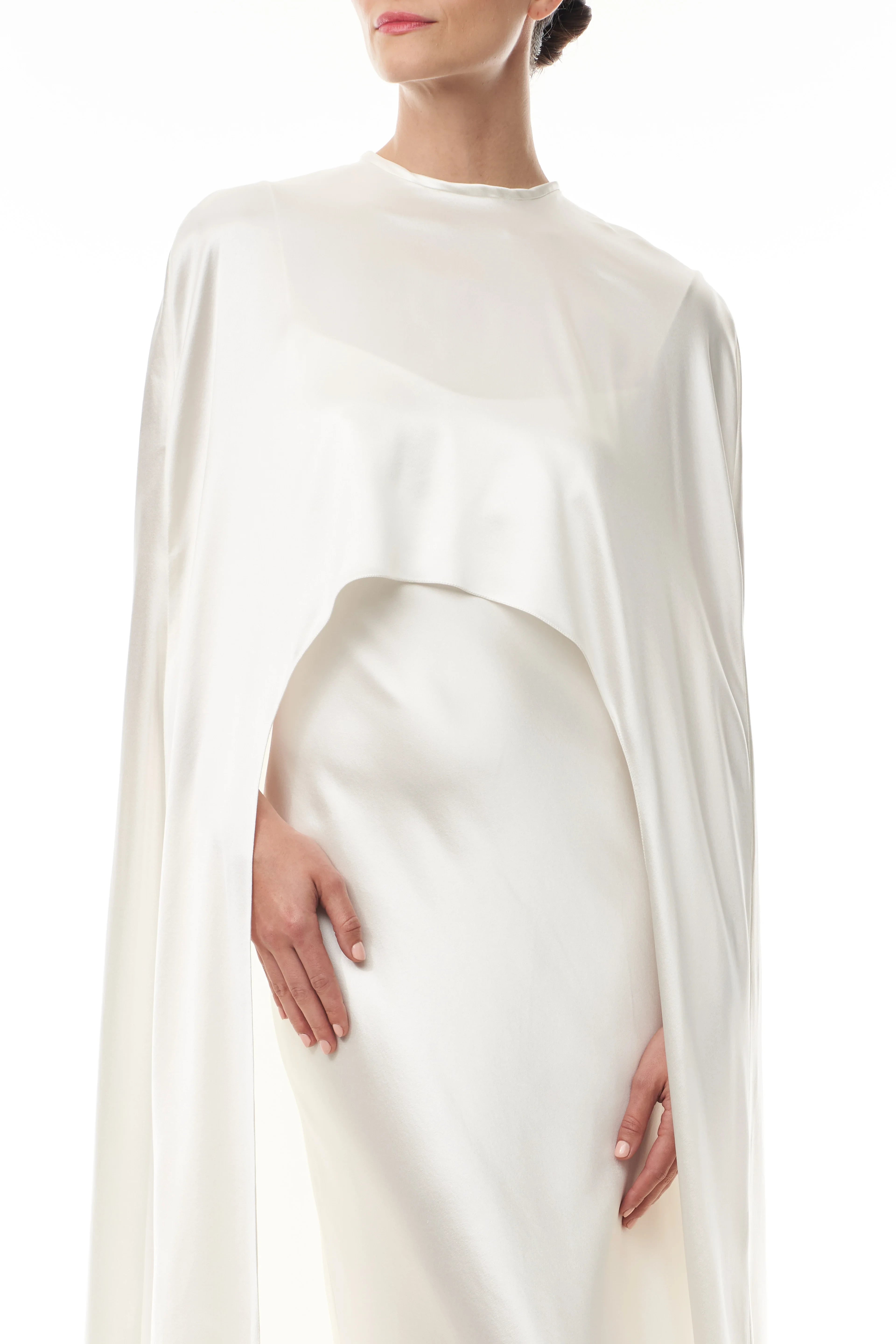 Chic Simple Satin Sheath High Neck Cape Tie Back Floor Length Wedding Dresses