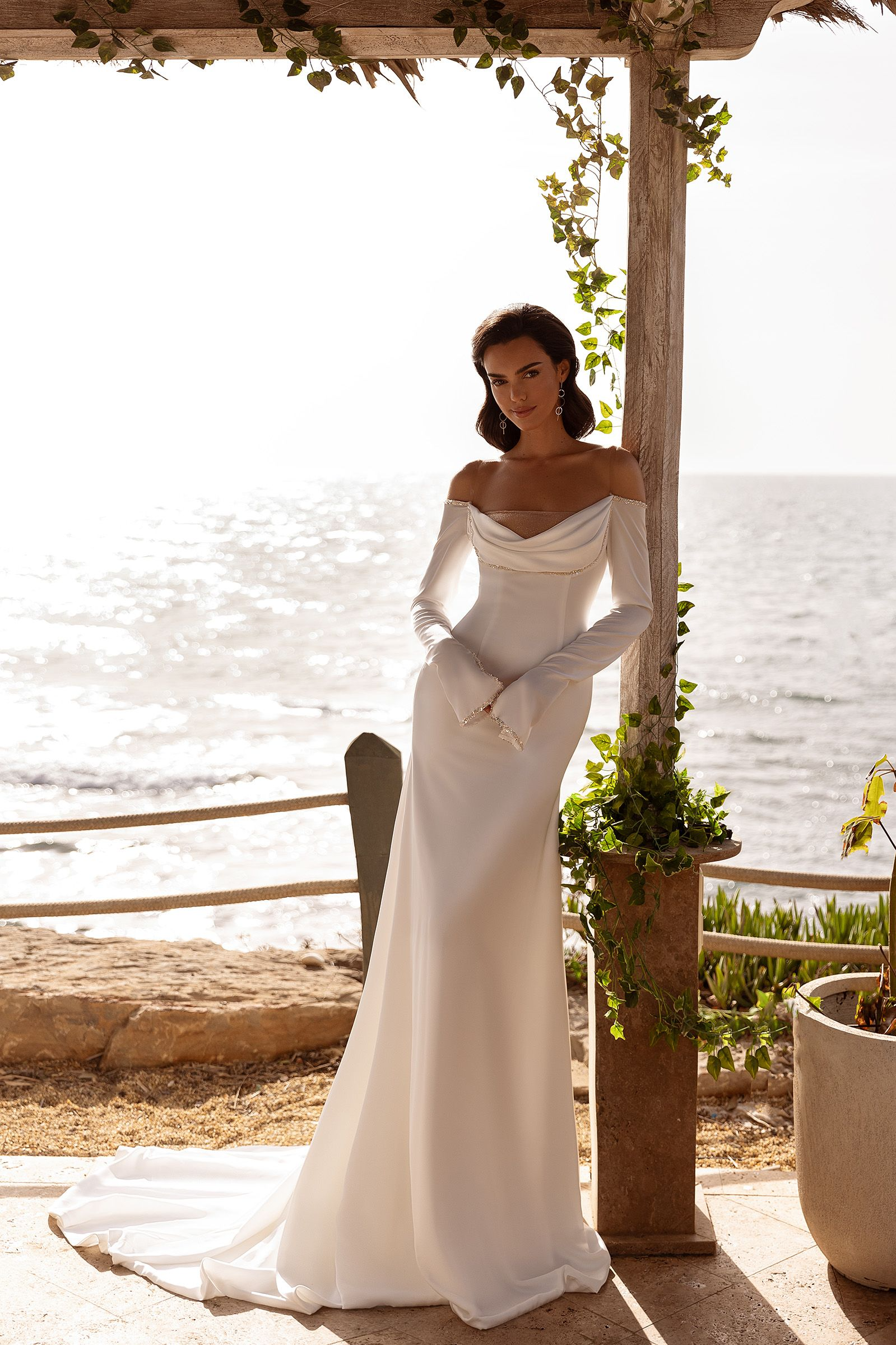 Chic Simple Satin Sheath Off-Shoulder Draped Long Sleeves Covered Back Floor-Length Sweep Train Wedding Dresses