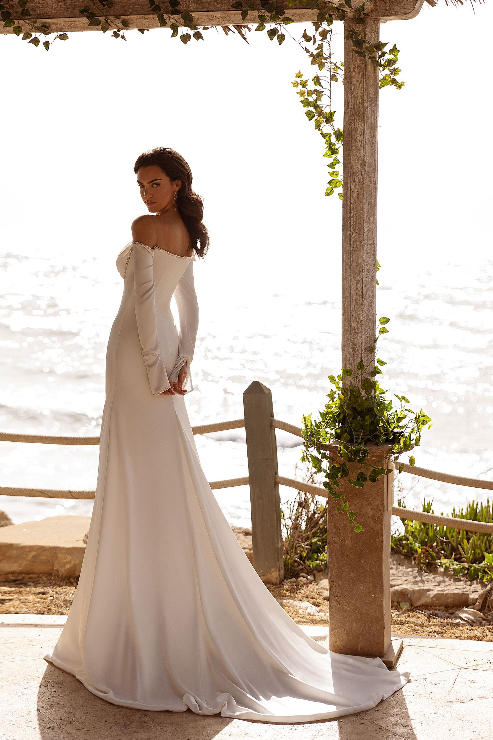 Chic Simple Satin Sheath Off-Shoulder Draped Long Sleeves Covered Back Floor-Length Sweep Train Wedding Dresses
