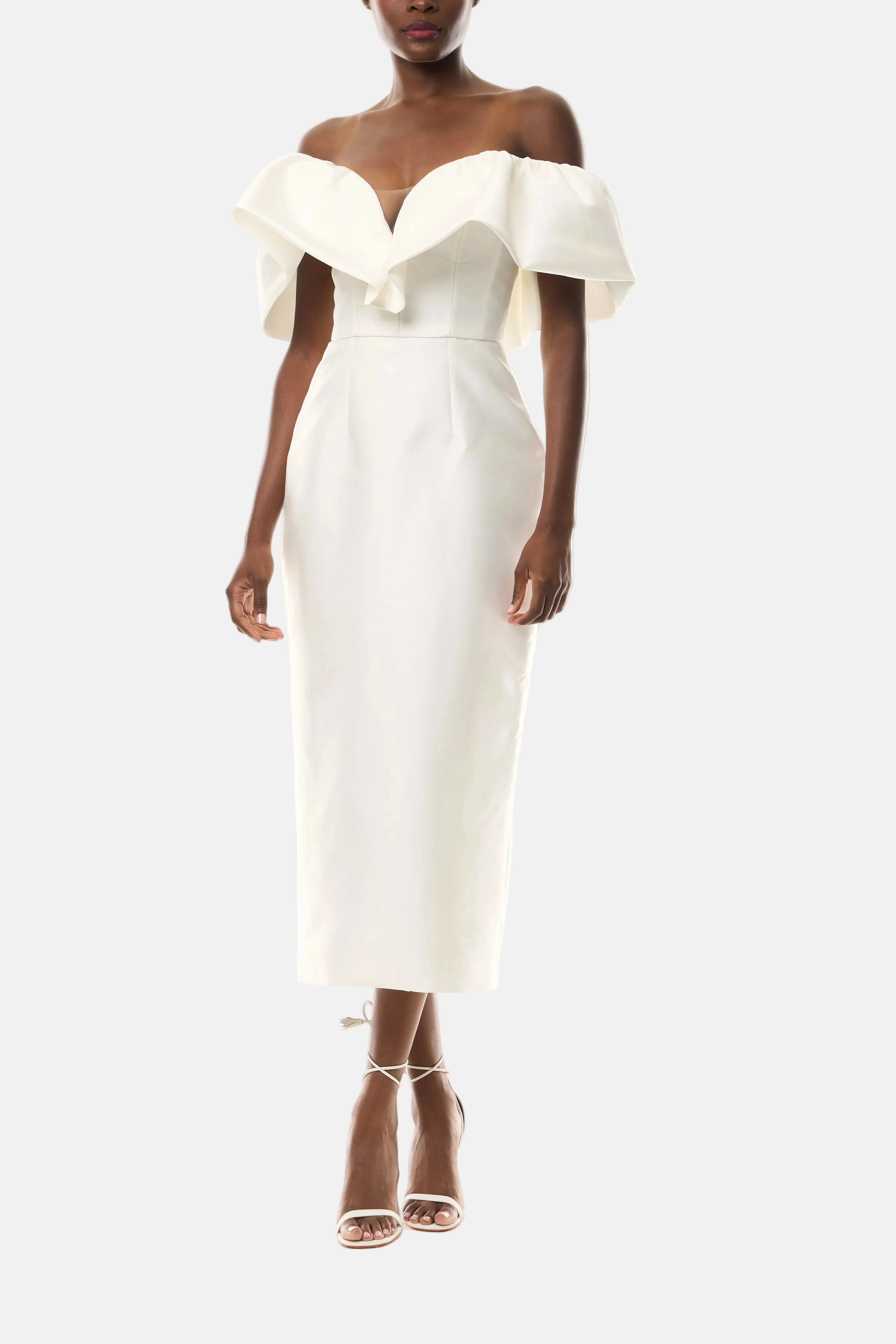 Chic Simple Satin Sheath Off-the-Shoulder Ruffle Short Sleeve Zipper Back Midi Wedding Dresses