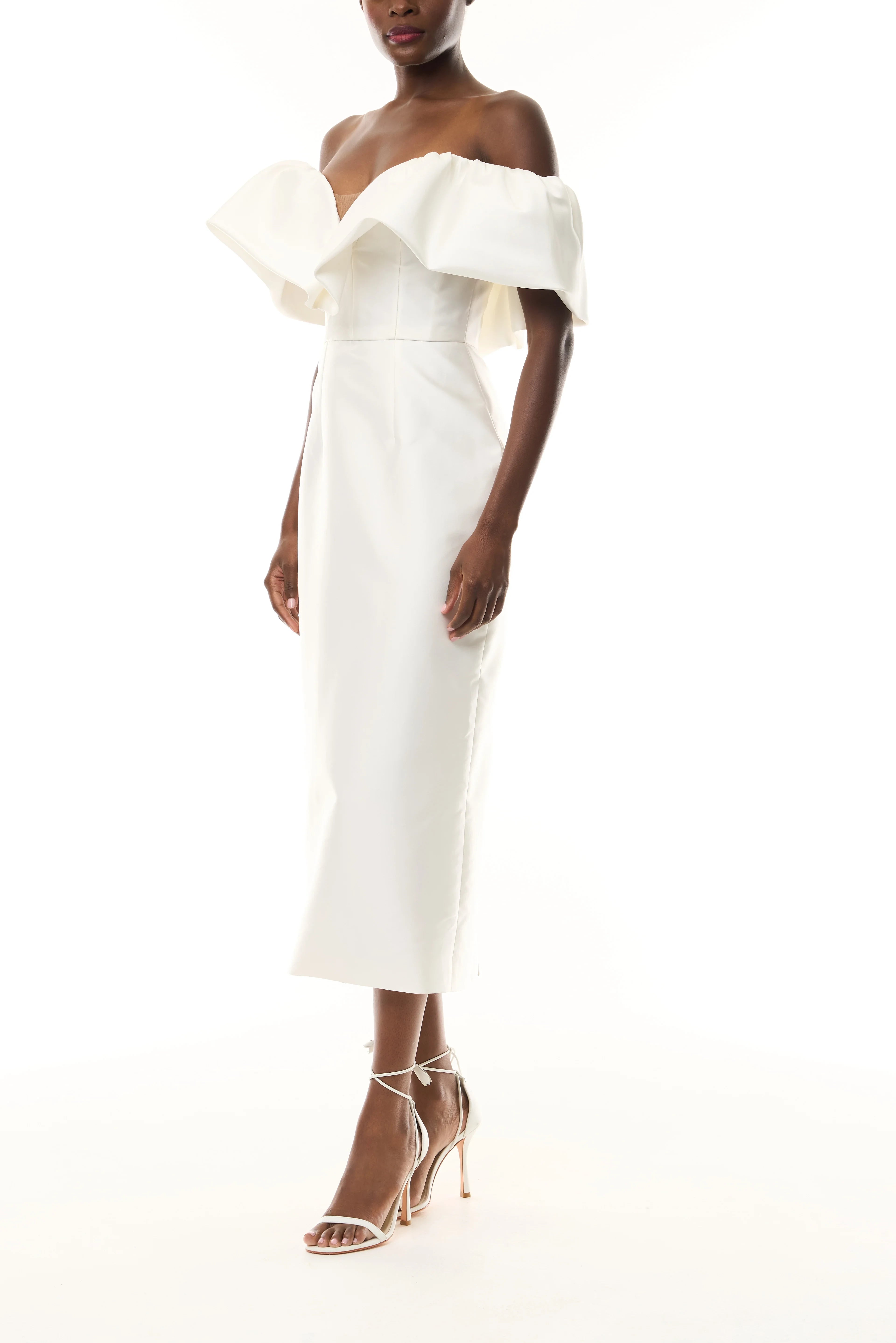 Chic Simple Satin Sheath Off-the-Shoulder Ruffle Short Sleeve Zipper Back Midi Wedding Dresses