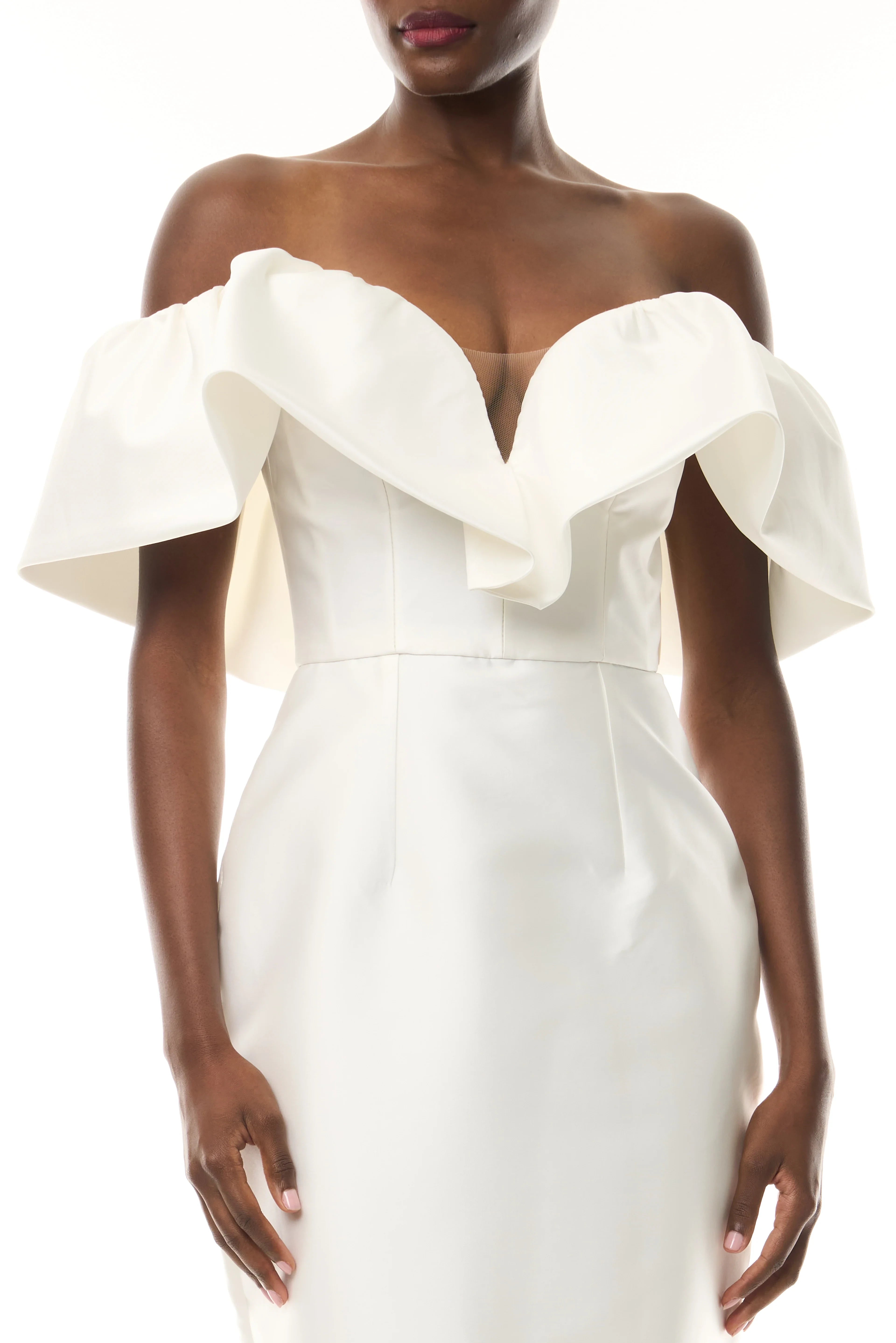 Chic Simple Satin Sheath Off-the-Shoulder Ruffle Short Sleeve Zipper Back Midi Wedding Dresses