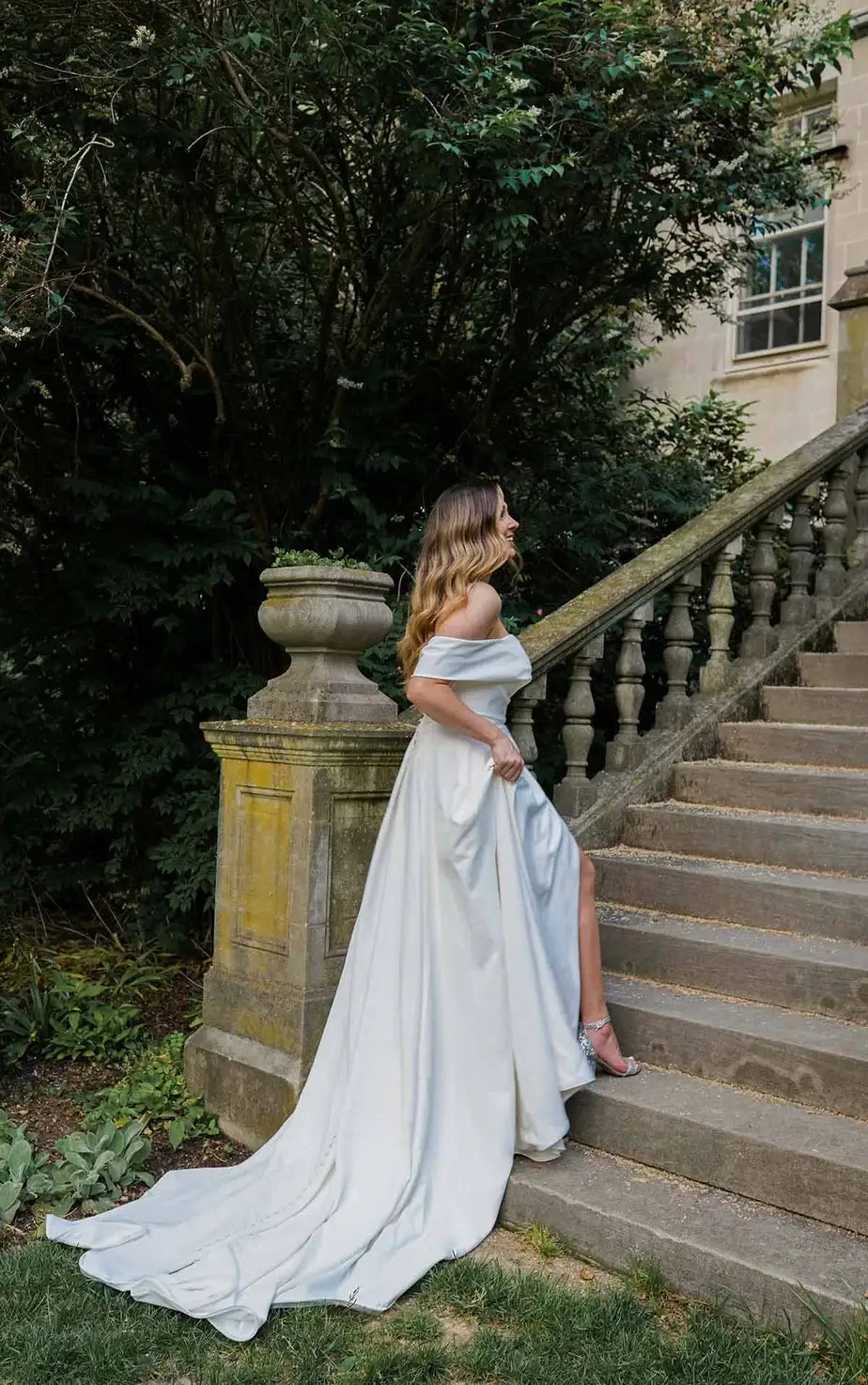 Chic Simple Sexy Satin A-Line Off-Shoulder Sweetheart Short Sleeves Button Back Floor-Length Train Wedding Dresses