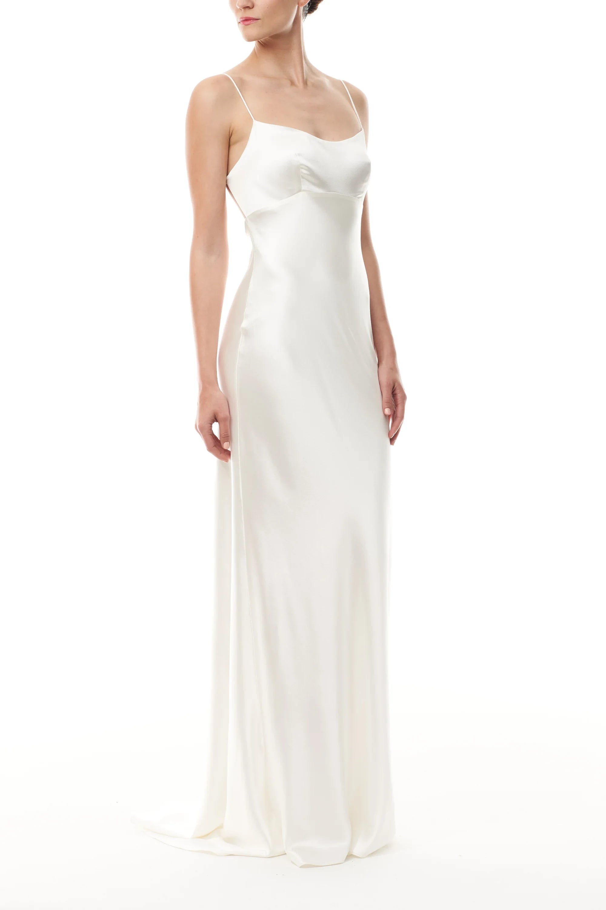 Chic Simple Sexy Satin Sheath Draped Neckline Spaghetti Strap Open Tie-Back Floor-Length Wedding Dresses