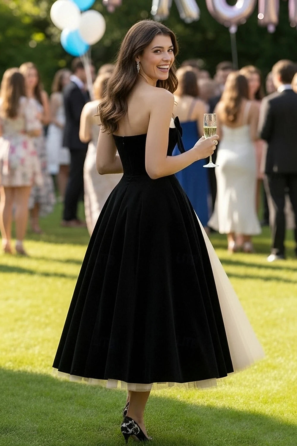 Chic Velvet Tulle A-Line Strapless Sweetheart Sleeveless Midi Prom Dresses
