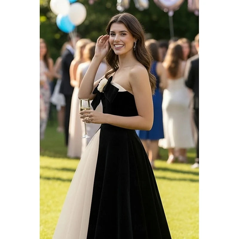 Chic Velvet Tulle A-Line Strapless Sweetheart Sleeveless Midi Prom Dresses