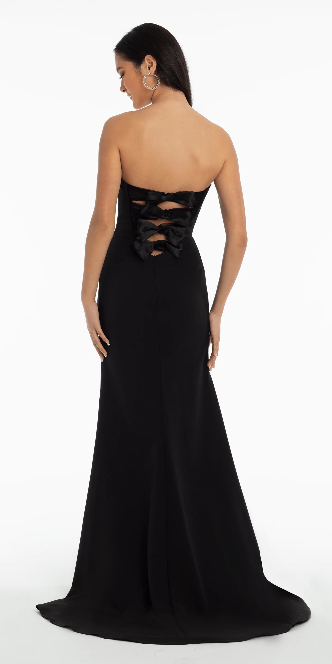 Chic crepe mermaid strapless sweetheart neck floor length evening dress with rhinestone bow detail, keyhole cutout and lace up back
