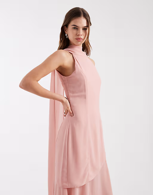 Chiffon A-Line High Neck Sleeveless Draped Back Floor Length Bridesmaid Dress