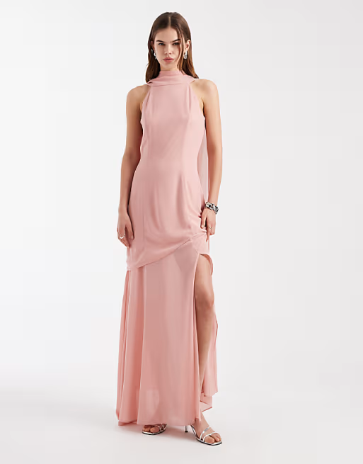 Chiffon A-Line High Neck Sleeveless Draped Back Floor Length Bridesmaid Dress