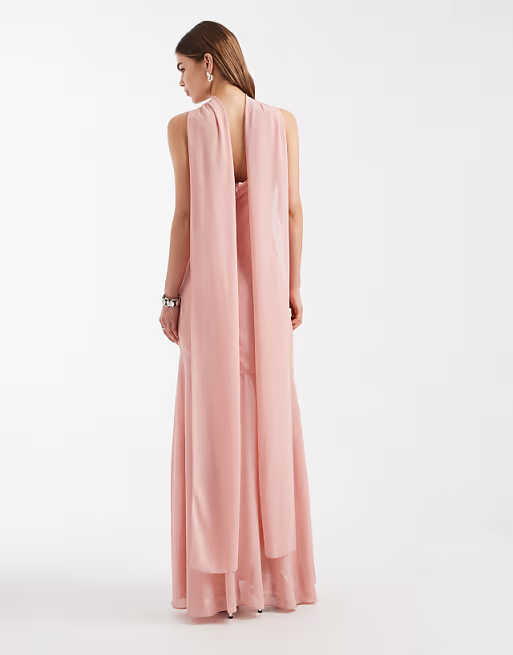 Chiffon A-Line High Neck Sleeveless Draped Back Floor Length Bridesmaid Dress