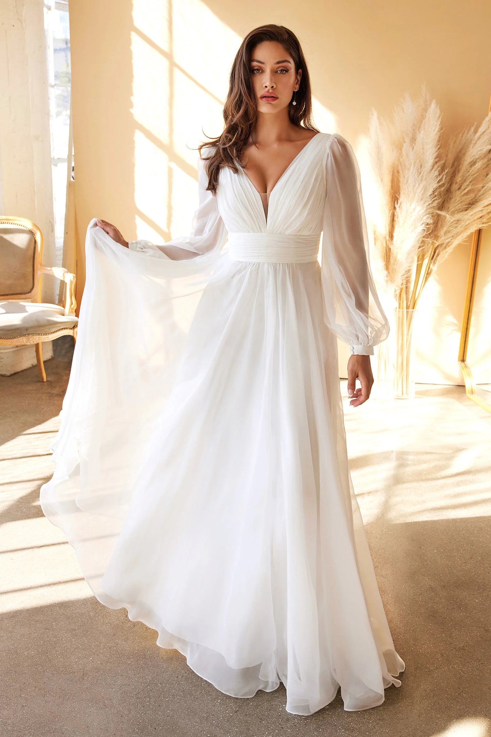 Chiffon A-Line V-Neck Long Puff Sleeve Floor Length Plus Size Prom Dress