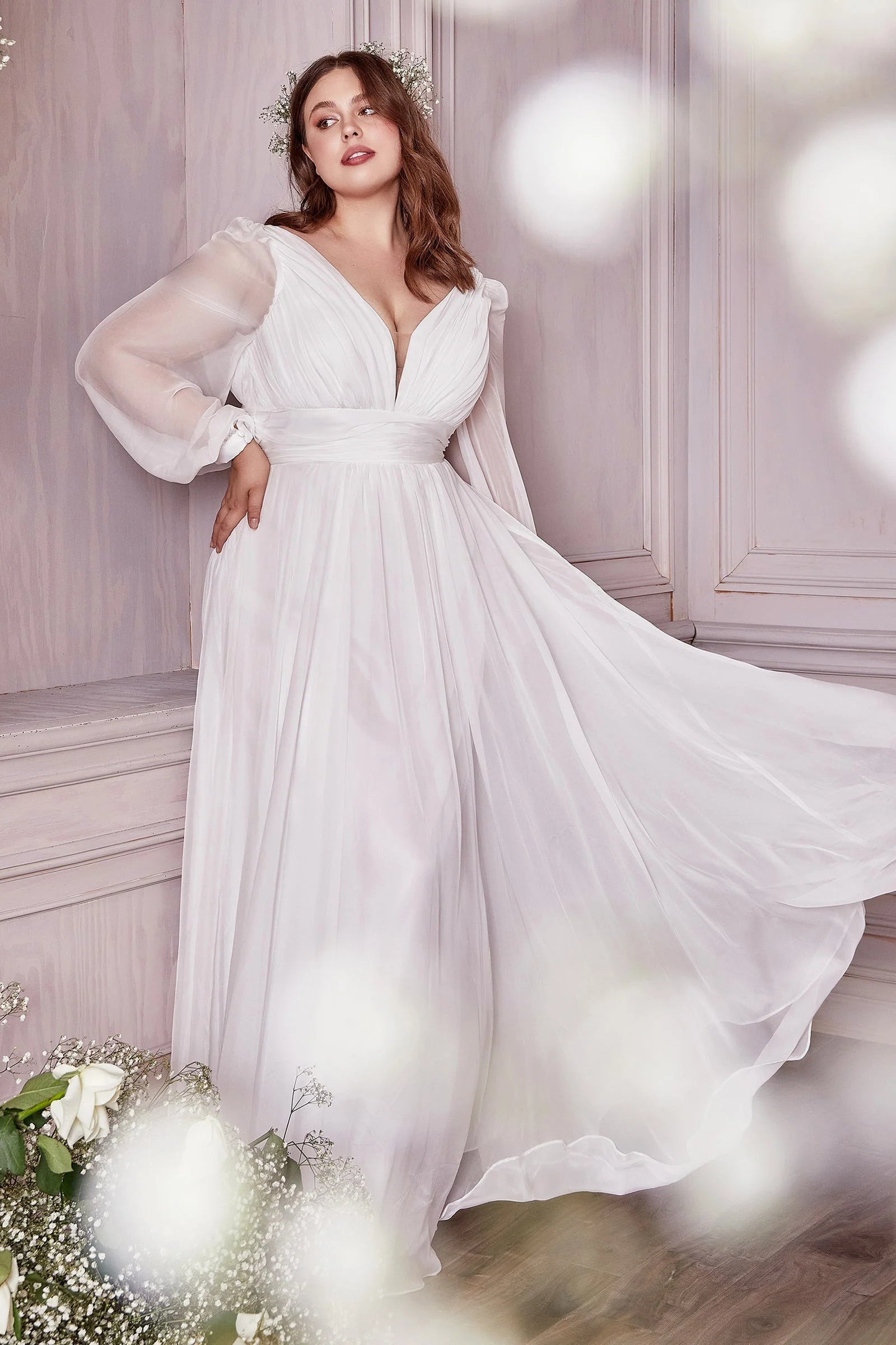 Chiffon A-Line V-Neck Long Puff Sleeve Floor Length Plus Size Prom Dress