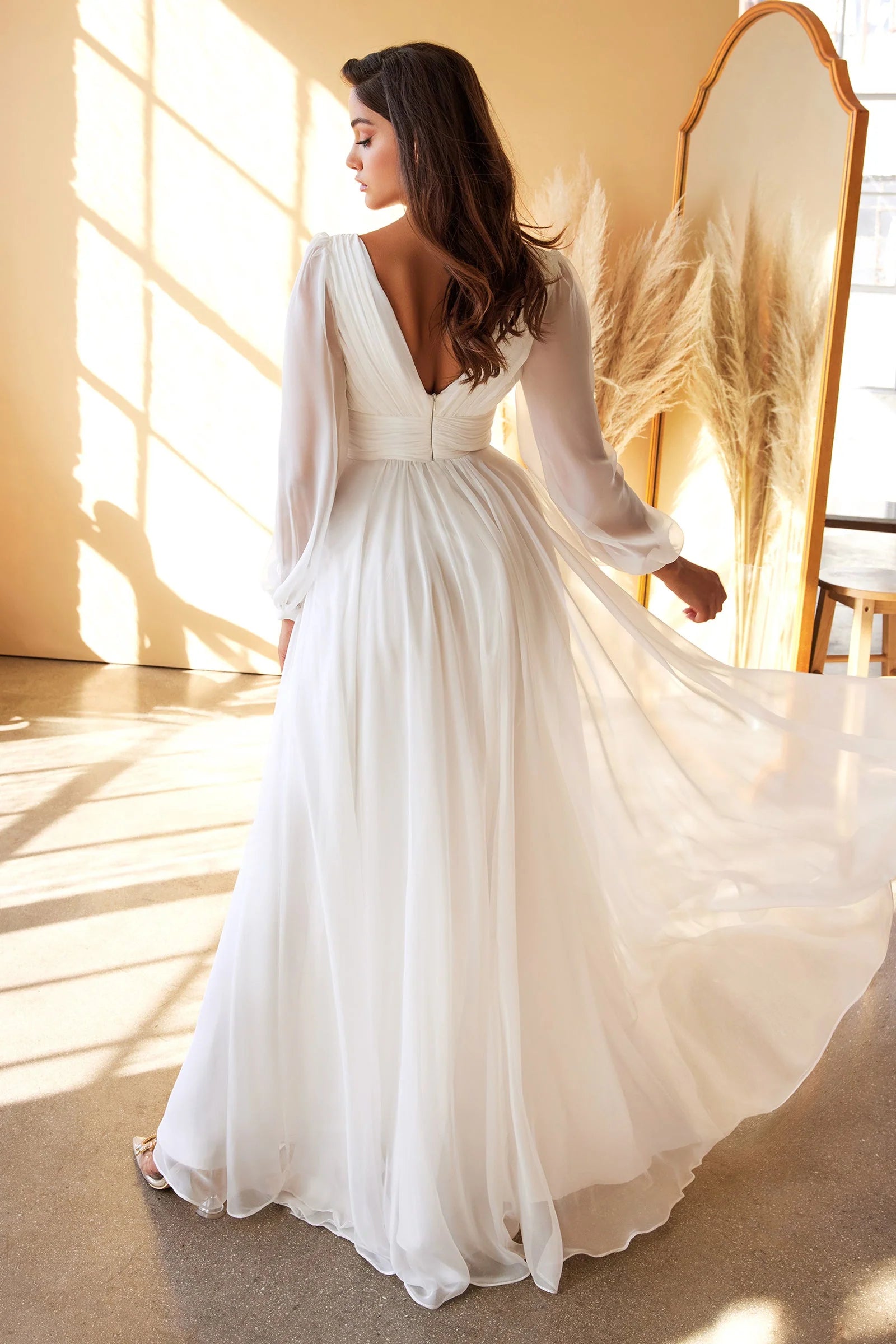 Chiffon A-Line V-Neck Long Puff Sleeve Floor Length Plus Size Prom Dress