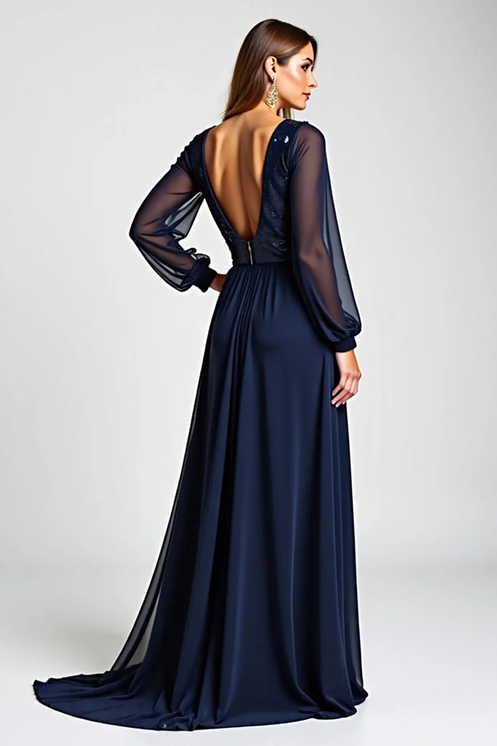 Chiffon Navy Long Sleeves Mother of the Bride Dress with Sequins