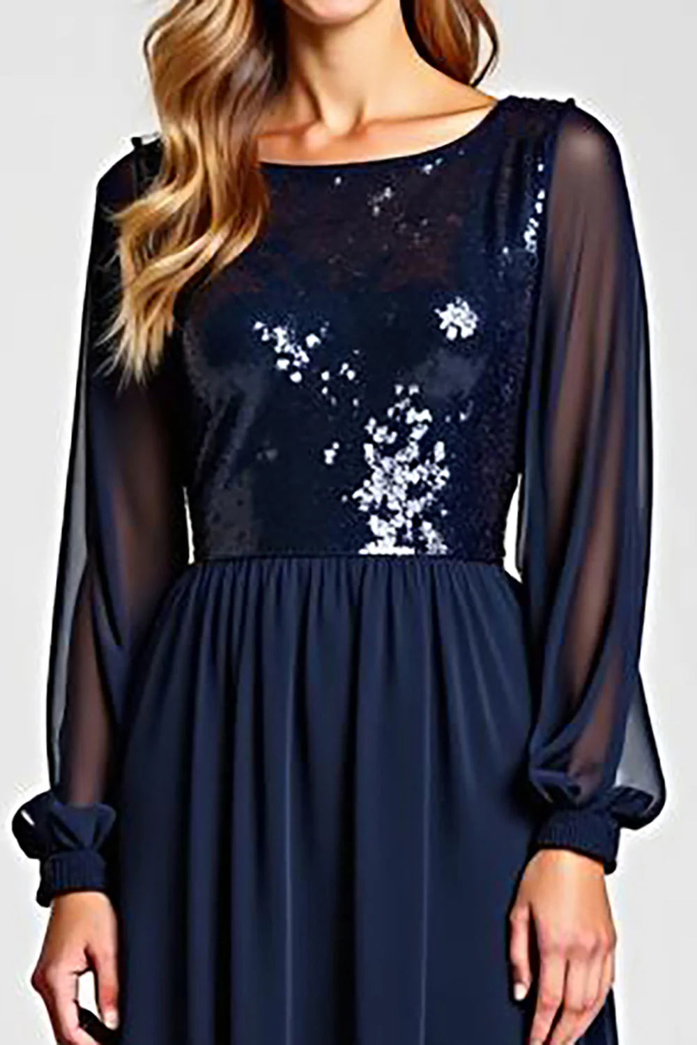 Chiffon Navy Long Sleeves Mother of the Bride Dress with Sequins