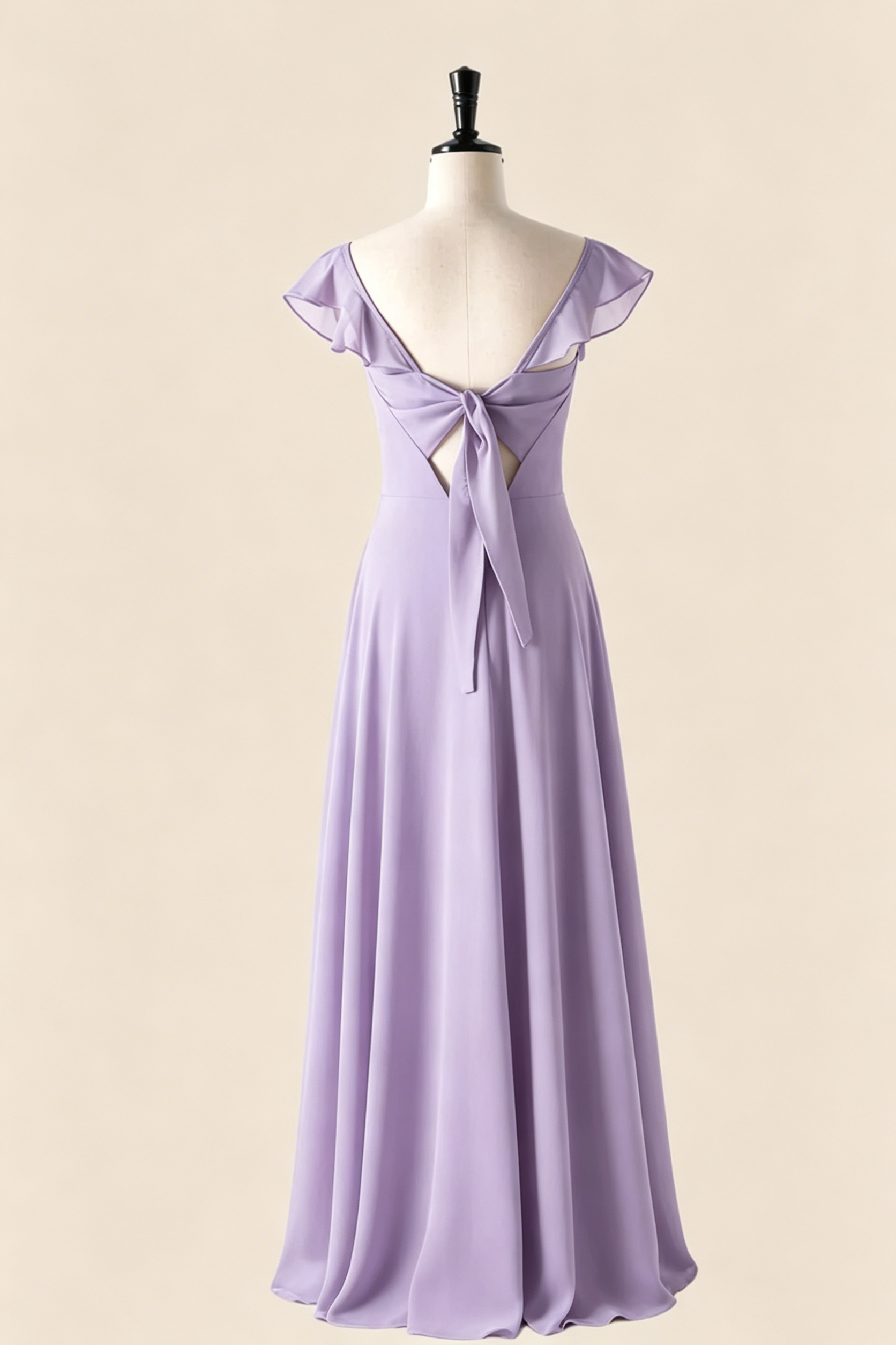 Chiffon Sweetheart Ruffled-Sleeve Bow-Back Slit Floor-Length Bridesmaid Dress