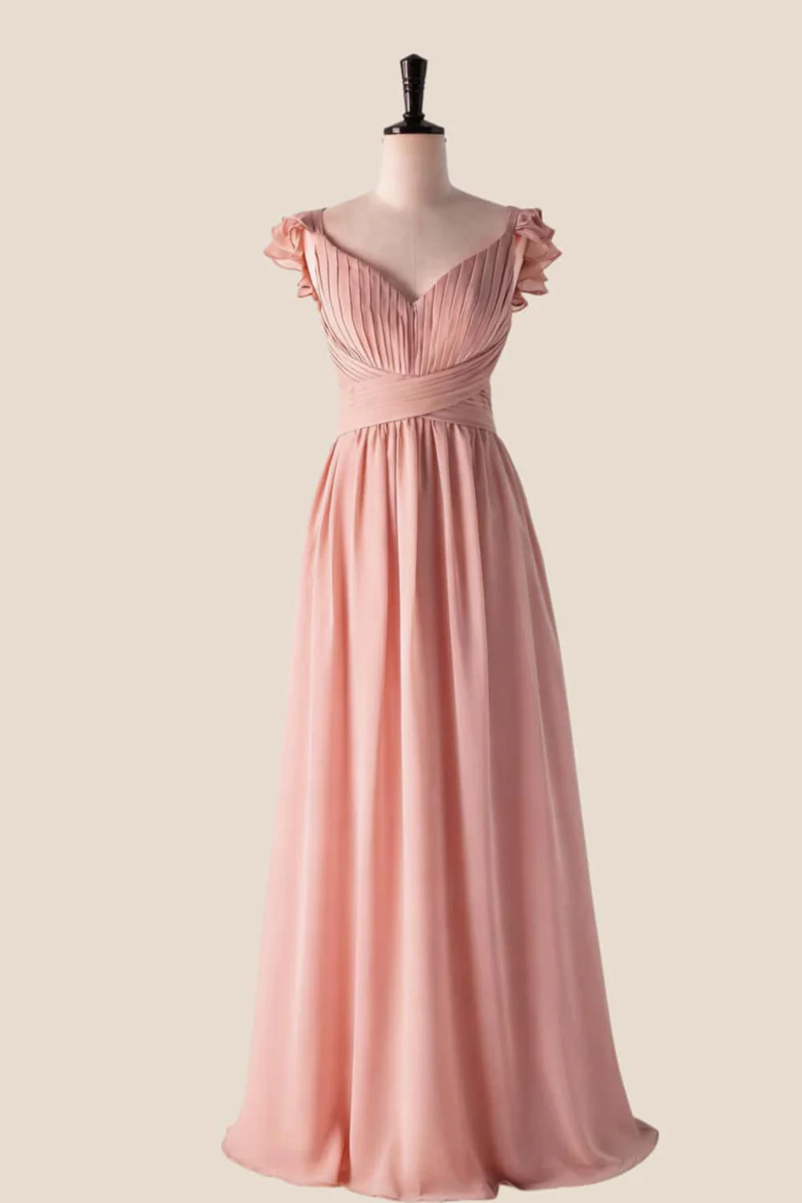 Chiffon Sweetheart Ruffled-Straps Tie-Back Floor-Length Bridesmaid Dress