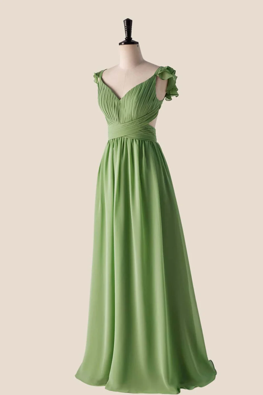 Chiffon Sweetheart Ruffled-Straps Tie-Back Floor-Length Bridesmaid Dress