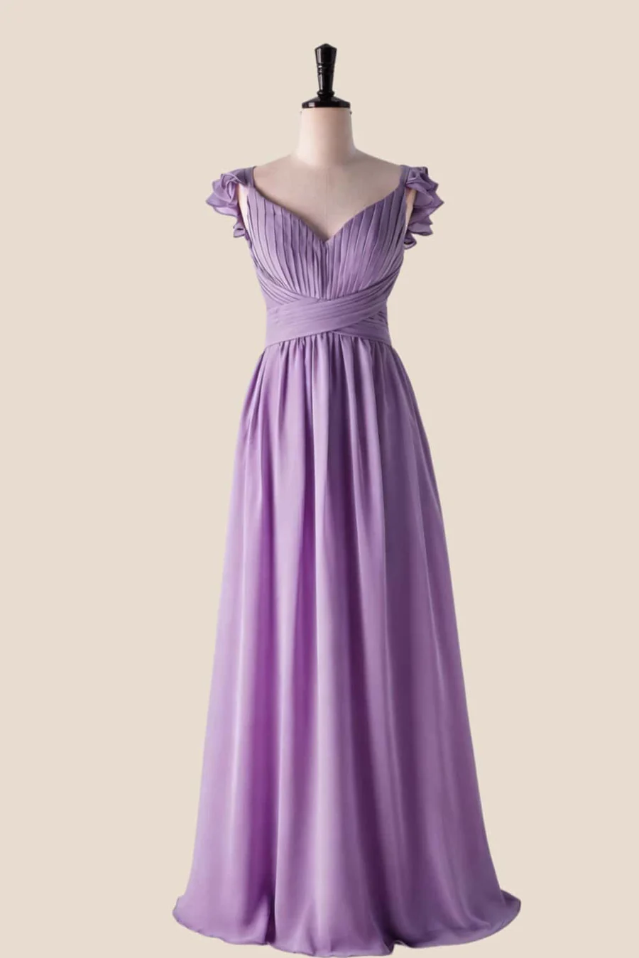 Chiffon Sweetheart Ruffled-Straps Tie-Back Floor-Length Bridesmaid Dress
