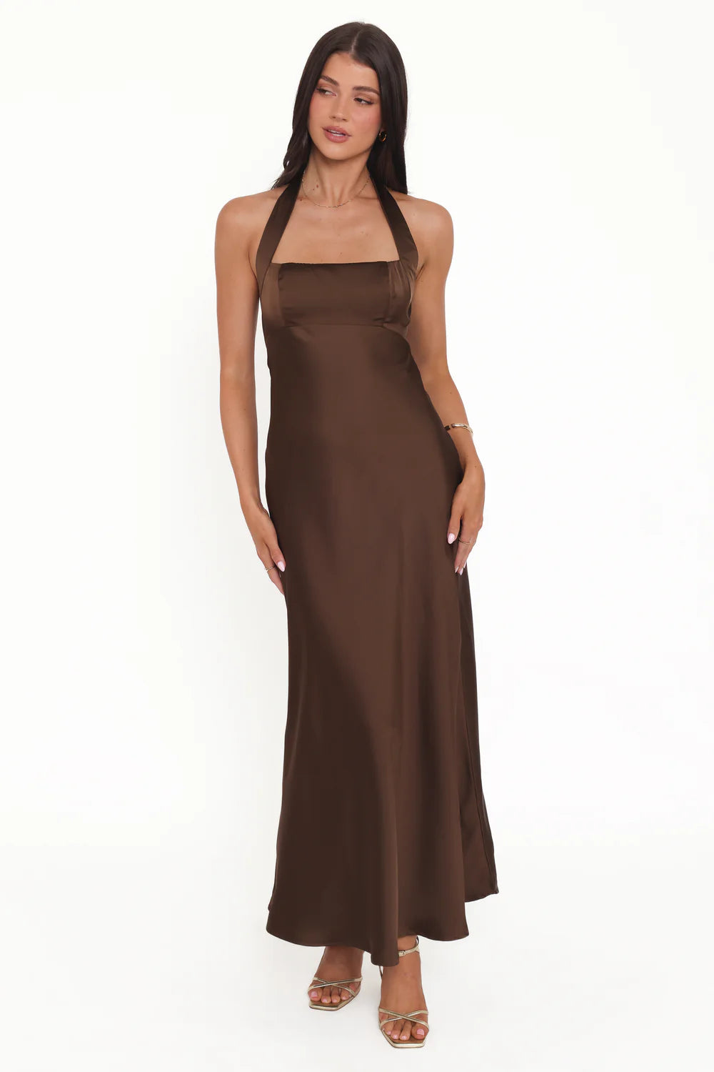 Chocolate Halter-Neck Back-Bow Satin Floor-Length Evening Dress