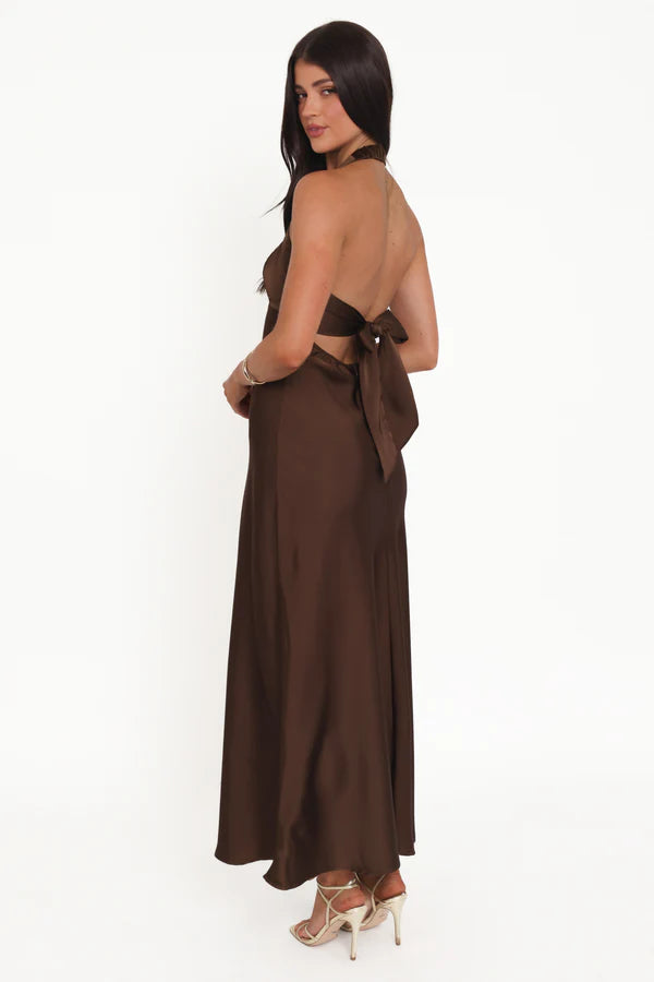 Chocolate Halter-Neck Back-Bow Satin Floor-Length Evening Dress